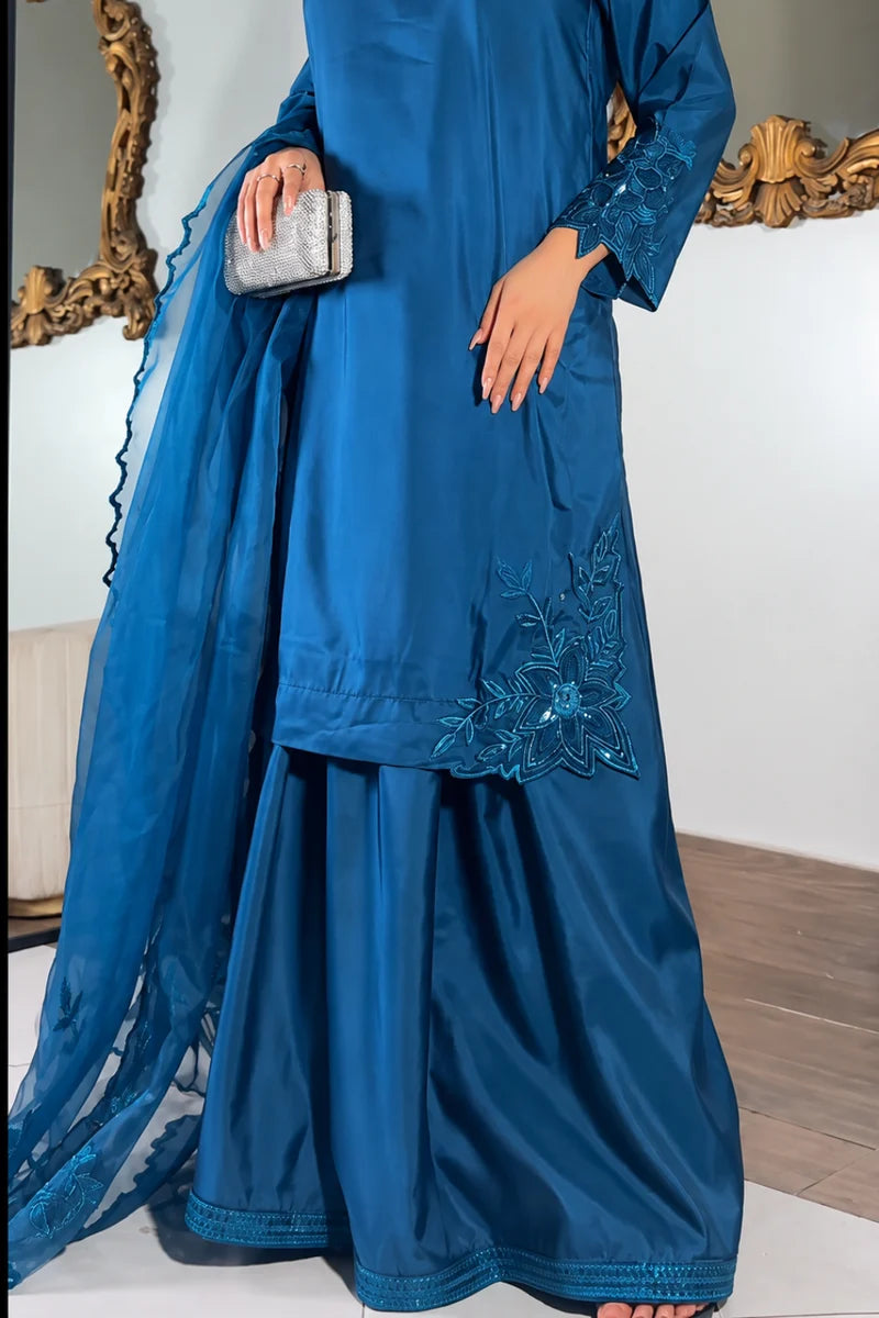 Midnight Teal– Embroidered 3 Piece