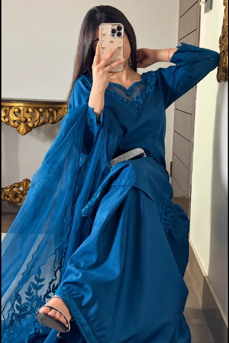 Midnight Teal– Embroidered 3 Piece