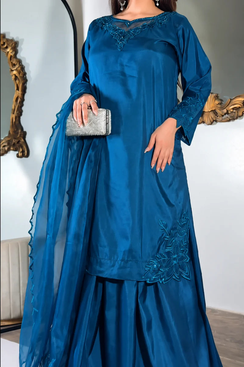 Midnight Teal– Embroidered 3 Piece