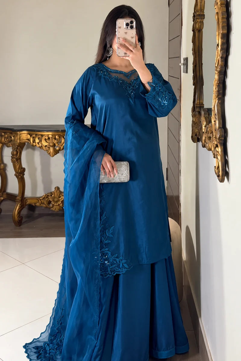 Midnight Teal– Embroidered 3 Piece